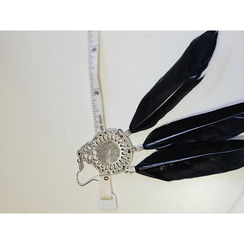 Silver tone black feather statement earrings - Picture 6 of 8